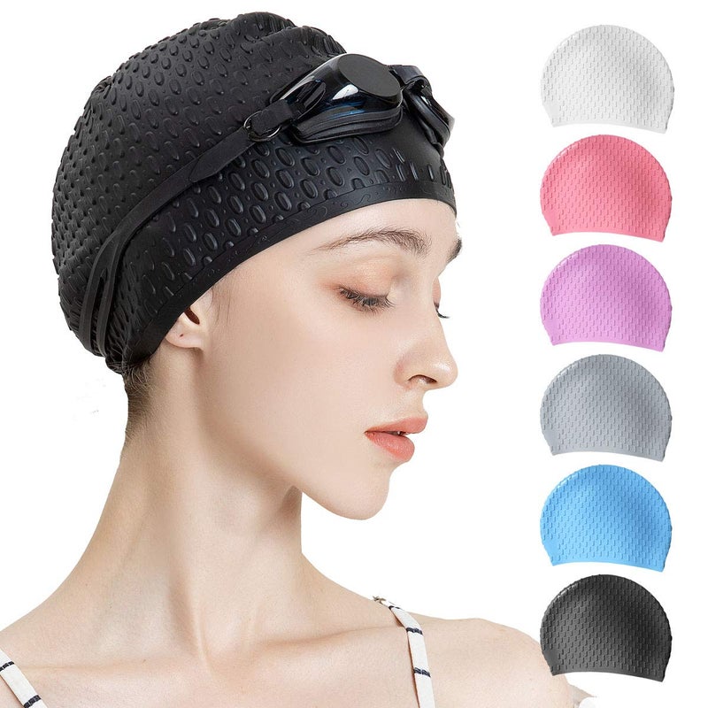 Tripsky Silicone Swim Cap,Comfortable Bathing Cap Ideal for Curly Short Medium Long Hair, Swimming Cap for Women and Men, Shower Caps Keep Hairstyle Unchanged (Black) - Image 1